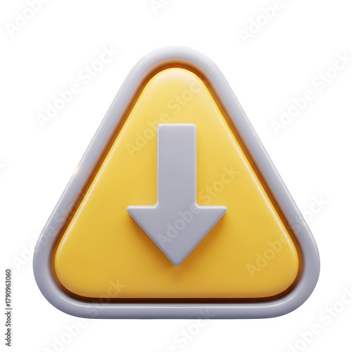 Yellow warning triangle with downward arrow isolated on transparent background
