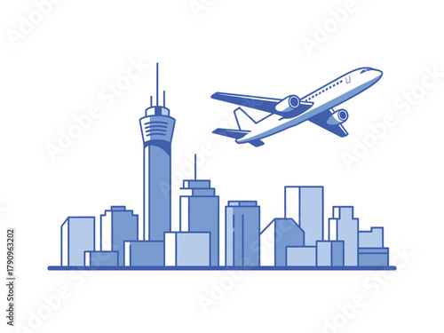 An airplane flies over a cityscape with a tall skyscraper.