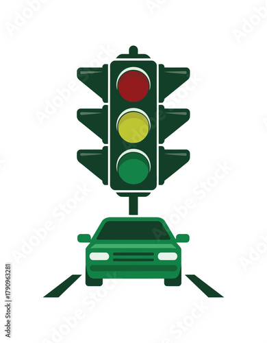 A green car drives forward under a traffic light showing red.