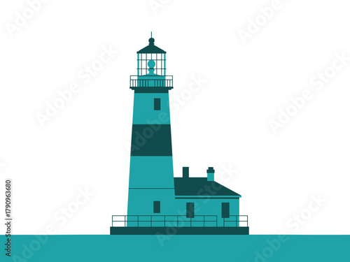 A teal lighthouse stands tall on a white background over a teal sea.