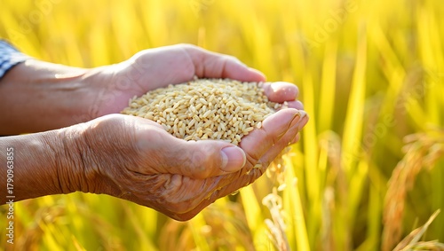 Harvested rice grains in farmer hands offering abundance and prosperity