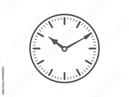 A simple analog clock face shows the time as ten minutes to ten.
