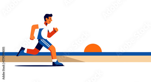 Runner Sprinting During a Colorful Sunset Over a Striped Horizon and a Dark Background