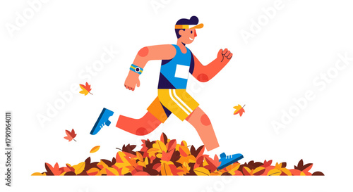 Runner Sprinting Through Autumnal Leaves In Dynamic Illustration With A Black Background