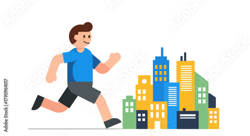 Runner Sprinting Towards City Skyscrapers With Positive Outlook And Goals Achieved