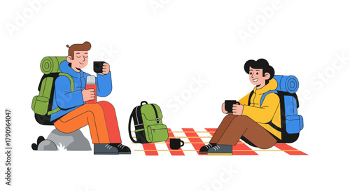 Restful Mountain Hikers Enjoy Warming Drinks and Conversations Together