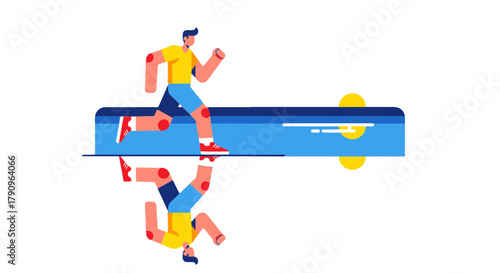 Runner's Energetic Sprint Reflection on a Dark, Abstract Landscape's Surface