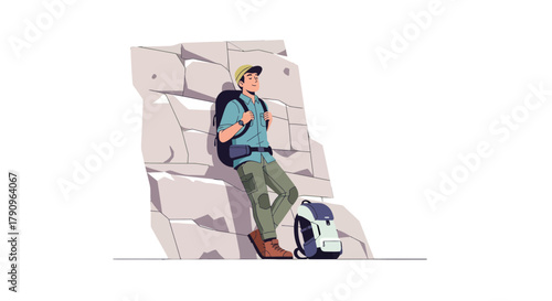 Resting Adventurer Leaning Against Cliffside Post-Trek With Backpack Illustration