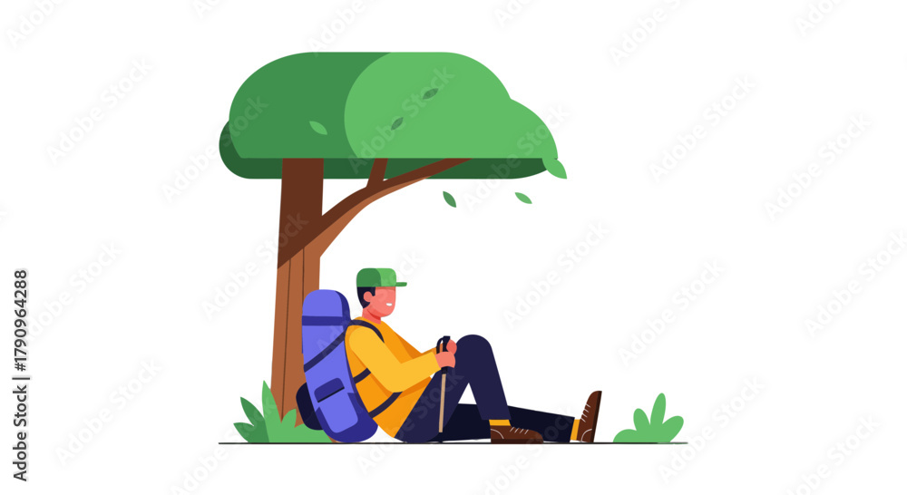 Fototapeta premium Resting Hiker Under Tree Enjoying Nature and Peaceful Moment to Recharge Outdoors