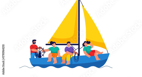 Sailing Adventure: Friends Enjoying a Sunny Day at Sea on a Vivid, Artistic Sailboat Journey