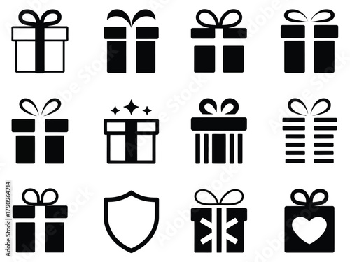 Collection of gift box icons, including a shield and medical cross symbols.