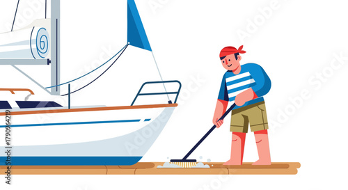 Sailboat Maintenance: A Mariner Sweeping The Deck And Preparing The Vessel For Departure
