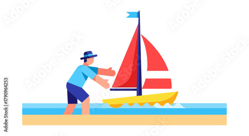 Sailor Launching A Small Boat Into The Ocean With A Colorfull Design