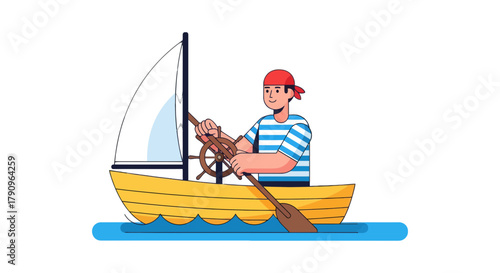 Sailor Navigating a Small Yellow Sailboat Isolated on a Black Background Animation