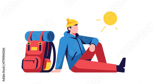 Resting Hiker Enjoying Sunlight After Reaching A Mountain Peak In Cartoon Illustration