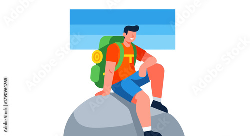 Resting Hiker On A Rock, Enjoying The Fresh Air And Scenic View Illustration