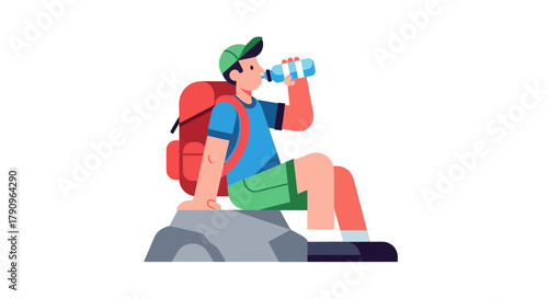 Resting Hiker Rehydrating With Water Bottle After Reaching Altitude Against Black Background