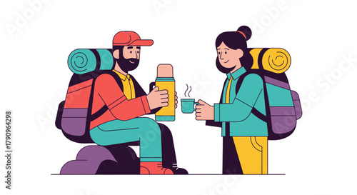 Resting Hikers Share Warm Drink Amidst Picturesque Outdoor Expedition Adventure