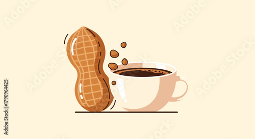 Roasted Peanut Near a Cup of Coffee Creating a Pleasant Aroma in Creamy Tone