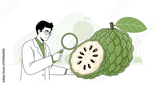 Scientist Analyzing Custard Apple With Magnifying Glass Illustration On White Background