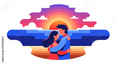 Romantic Couple Embracing at Sunset, Peaceful Scene of Affection and Togetherness