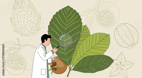 Scientist Examines Plant Life and Fruits with Magnifying Glass in Detailed Illustration