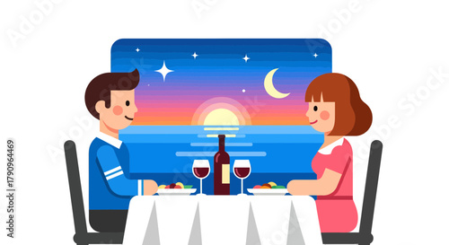 Romantic Dinner Scene Featuring a Couple Enjoying a Sunset View from a Window