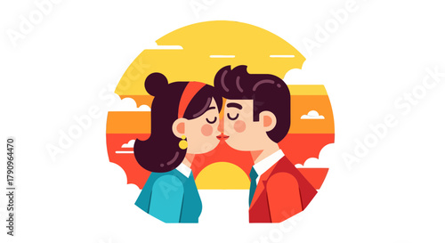 Romantic Couple Sharing Intimate First Kiss During Sunset with Colorful Background