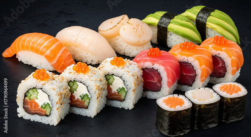 Sushi and sushi roll set (Sake nigiri sushi, notate nigiri sushi, avocado nigiri sushi, Philadelphia rolls, spicy tuna roll, scallop roll). 