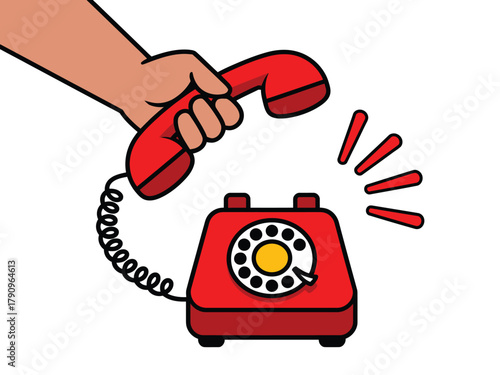 A hand holds a red rotary telephone receiver, with the phone itself ringing and emitting sound waves.