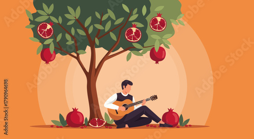 Serene Man Under Pomegranate Tree Playing Guitar: Musical Harmony and Nature's Embrace