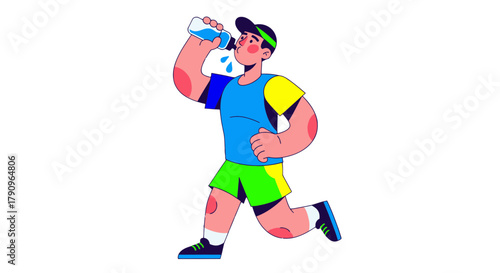 Runner Hydrating During Exercise, Animated Illustration Depicting Healthy Lifestyle Choices Only
