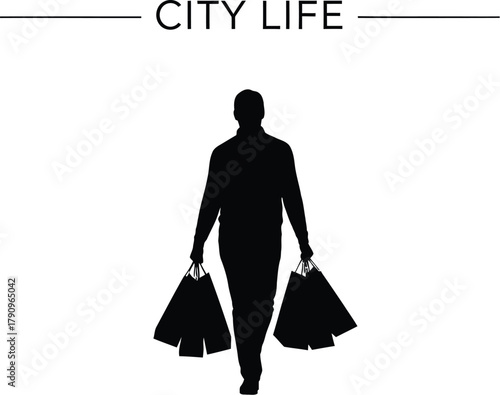 Silhouette of a man walking with shopping bags, representing city life and urban consumerism