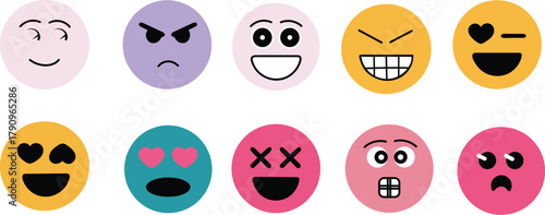 Collection of ten different cartoon emoji faces