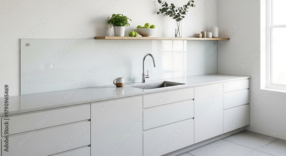 Fototapeta premium Modern minimalist white kitchen with marble countertops and sink.