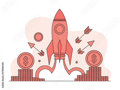 A rocket launches from stacks of coins symbolizing business growth and financial success.