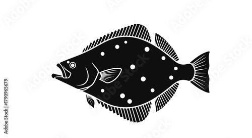 Halibut illustration: A detailed black and white illustration of a halibut showcases the distinctive features of this bottom-dwelling flatfish, ideal for educational or artistic projects.