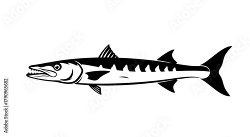 Marine Predator Silhouette: A striking silhouette of a sleek barracuda, a symbol of stealth and power in the ocean, its sharp features and predatory intent perfectly captured in monochrome.