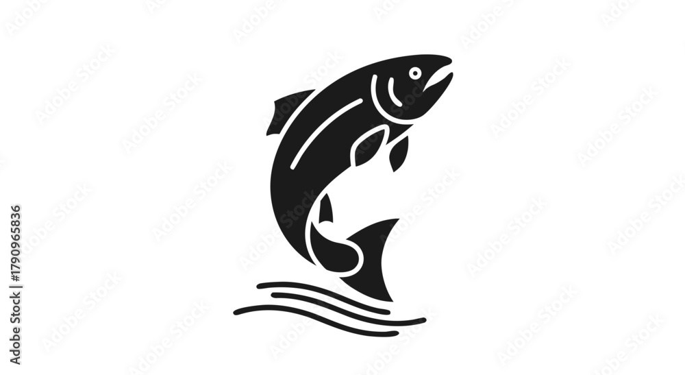Obraz premium Salmon silhouette illustration: A sleek, black silhouette of a salmon leaping gracefully from the water. the image focuses on the fish's form and the dynamic motion.