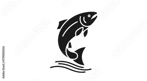 Salmon silhouette illustration: A sleek, black silhouette of a salmon leaping gracefully from the water. the image focuses on the fish's form and the dynamic motion.