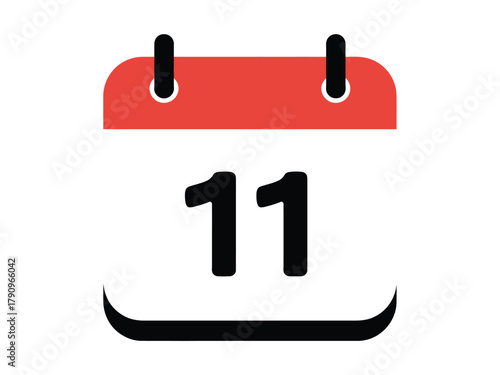 A simple, minimalist illustration of a calendar page showing the number eleven on a white background with a red header and black binding.