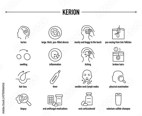 Kerion symptoms, diagnostic and treatment vector icon set. Line editable medical icons.