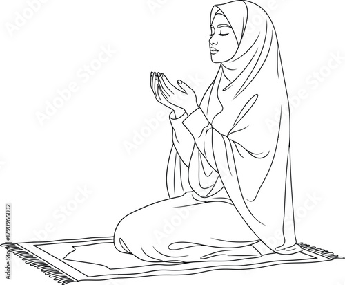 A woman in hijab praying on a prayer mat in a detailed line drawing
