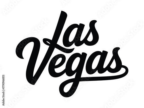 The word "Las Vegas" is written in a stylized black cursive font against a white background, representing the iconic city name.