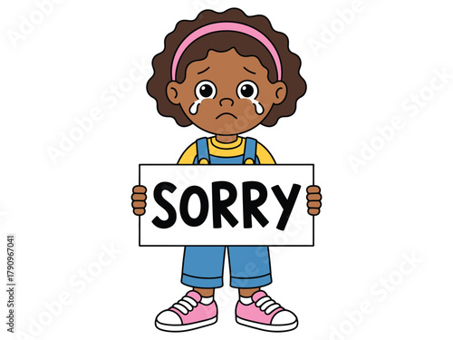A young child holds a sign that says SORRY while crying, expressing remorse and sadness.