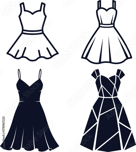 Four Different Styles of Women's Dresses Illustrated on White Background fashion clothing