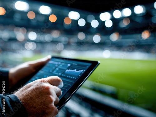 Fans engaged in sports statistics analysis at a bustling stadium during a game