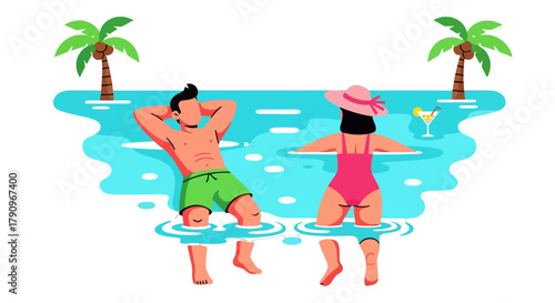 Relaxing Couple Enjoying the Summer in a Tropical Poolside Paradise Getaway