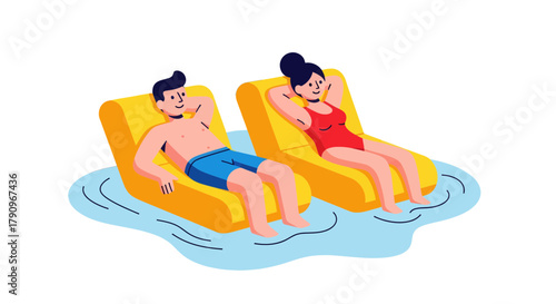 Relaxing Couple Lounging On Inflatable Chairs Floating Over Water Recreation