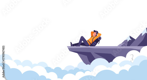 Relaxing Hiker on Cliff Edge Above Clouds with Mountains and Scenic Sky